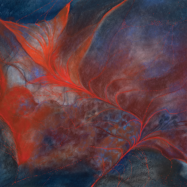 Expressive abstract painting showcasing a dynamic interplay of red and blue tones. The composition features intricate, almost biological, forms that evoke a sense of growth and movement.